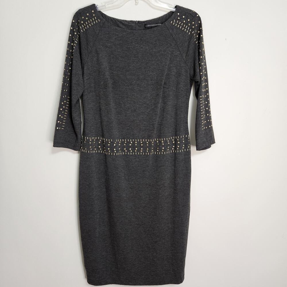 CHRIS McLAUGHLIN Charcoal Sheath Career Dress w/Brass Studs Lined Size 8 EUC